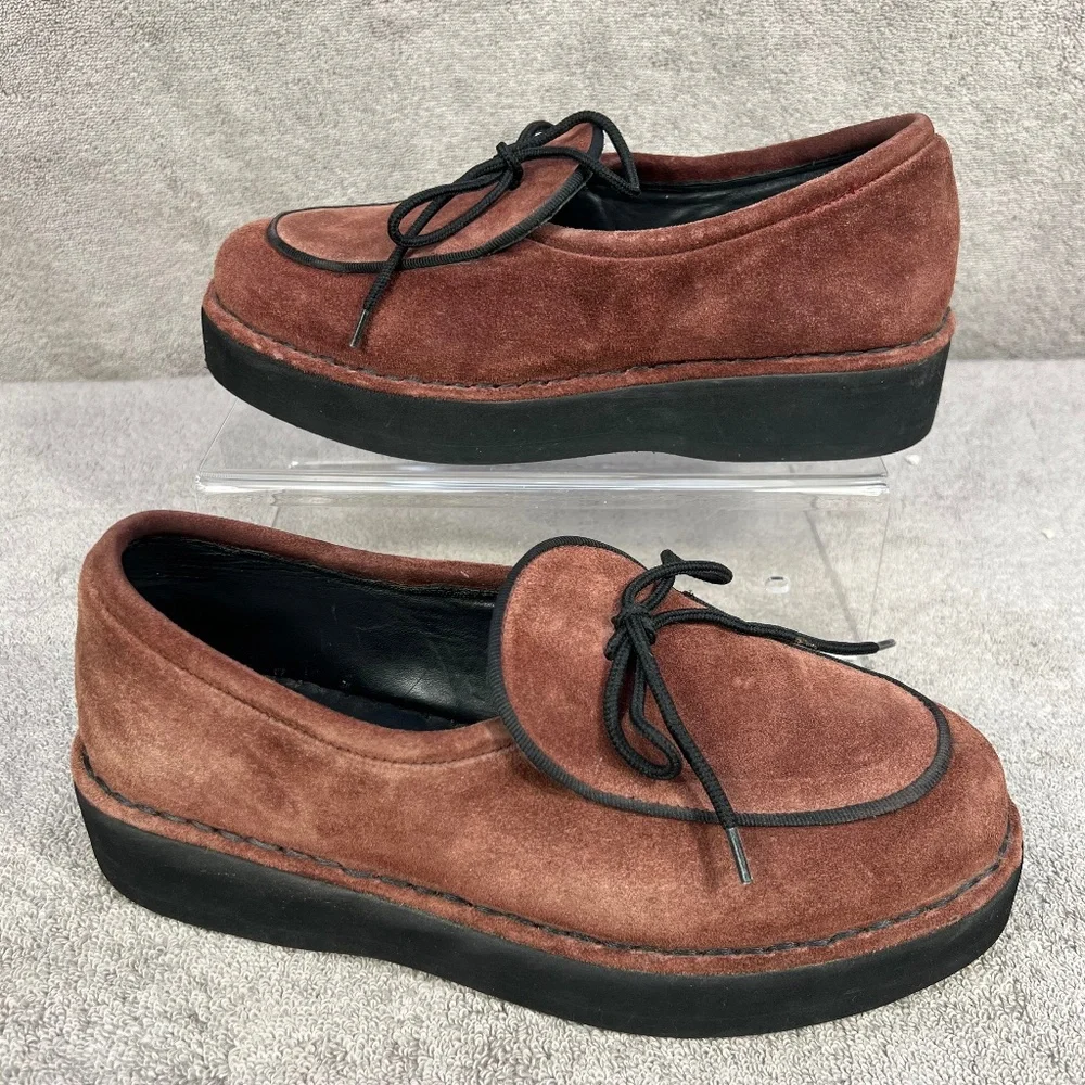 Vintage DKNY Suede Leather Platform Loafers 8.5 Rust Red Y2K 90s Vamp Goth Bows - Picture 2 of 12